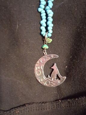 Navajo Sterling Silver Moon Wolf Pendant Necklace with Turquoise Beads